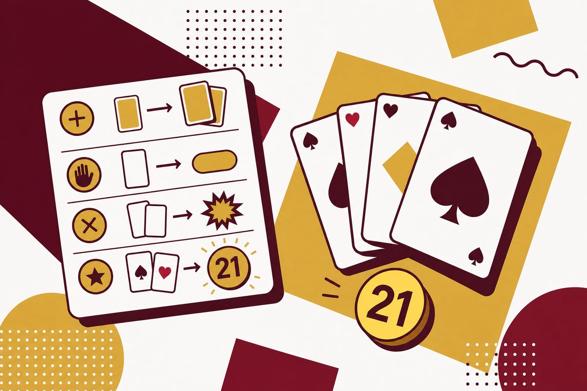 Illustration der Blackjack-Grundregeln im Memphis-Stil